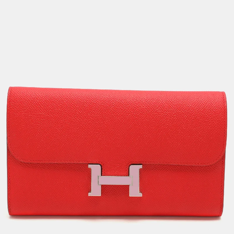 keychains with leather finish-Hermes Red Epsom Leather Constance Long Wallet