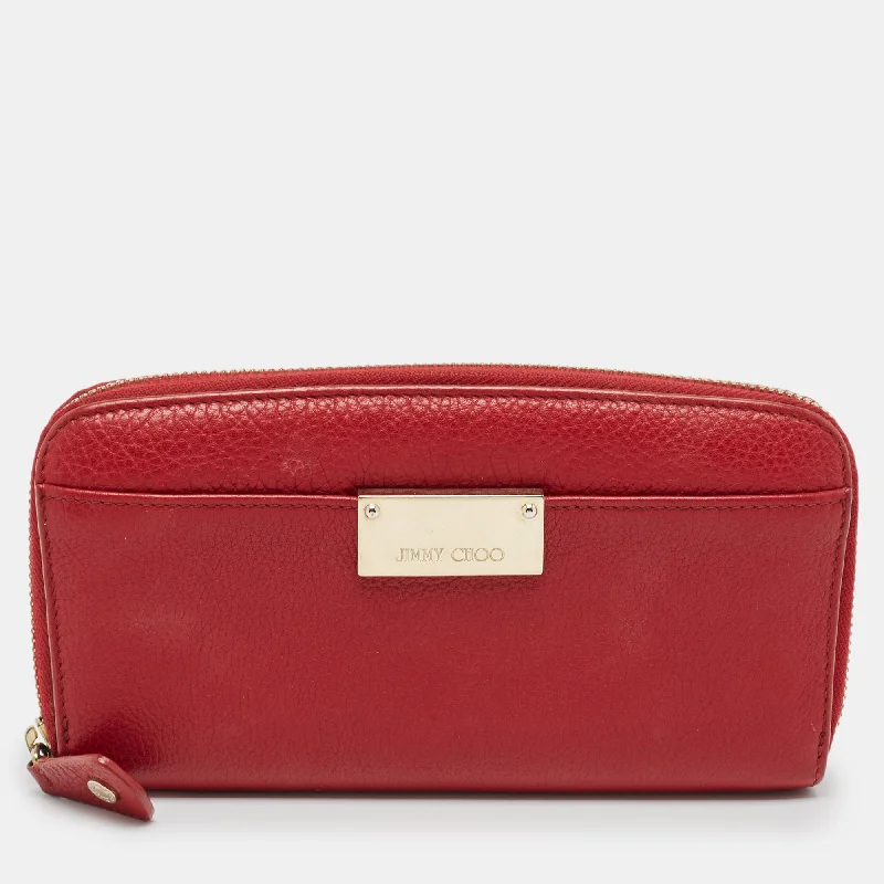 wallets with leather texture-Jimmy Choo Red Leather Logo Zip Continental Wallet