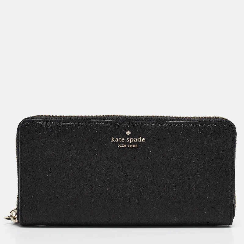 wallets with durable finish-Kate Spade Black Glitter Leather New York Joeley Zip Continental Wallet