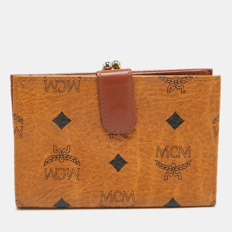 wallets with leather style-Mcm Cognac Visetos Coated Canvas Kisslock Frame French Wallet