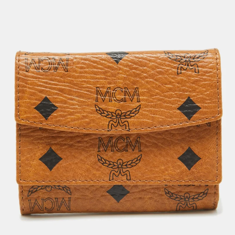 wallets for casual needs-Mcm Cognac Visetos Coated Canvas Trifold Compact Wallet