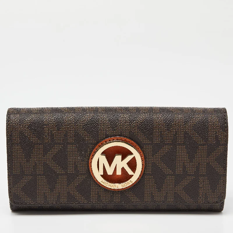 keychains with USB drive-Michael Kors Beige/brown Signature Coated Canvas Fulton Flap Continental Wallet