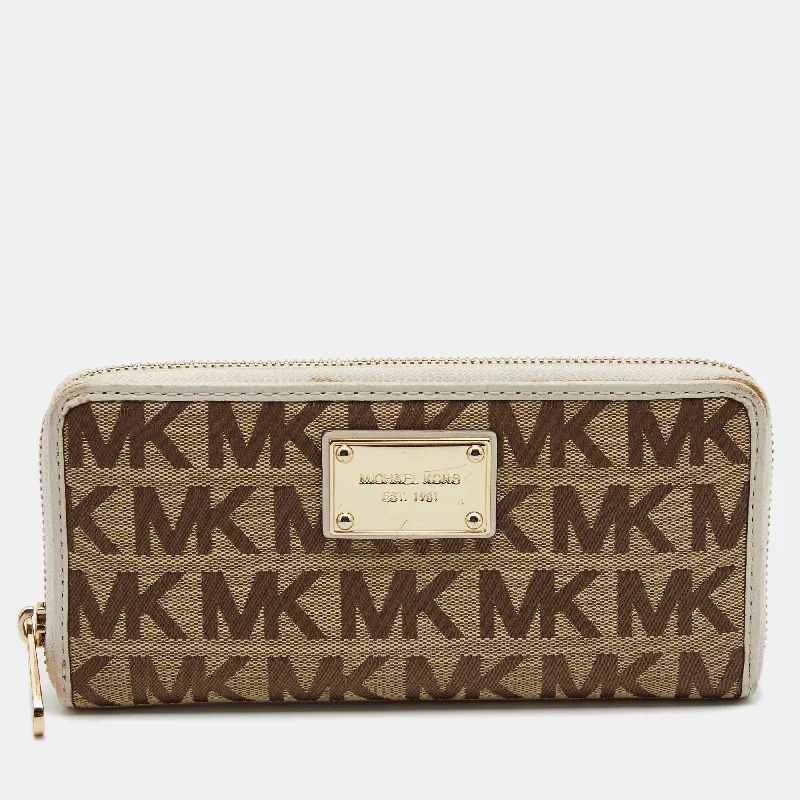 keychains with unique texture-Michael Kors Beige/white Signature Canvas And Leather Zip Around Wallet