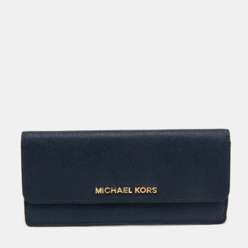 keychains with leather trim-Michael Kors Blue Leather Jet Set Travel Wallet..