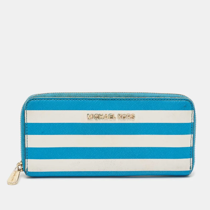 keychains for travel texture-Michael Kors Blue/white Leather Stripe Zip Continental Wallet