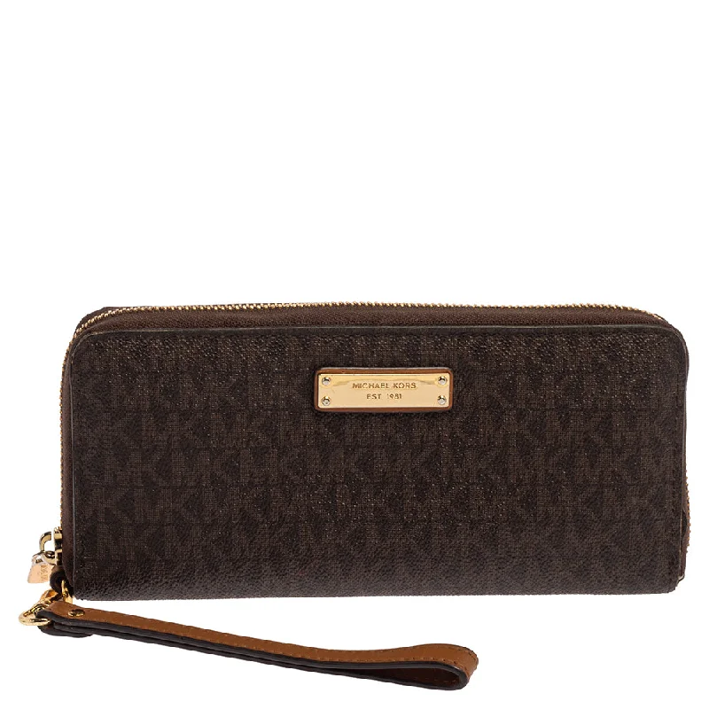 keychains with sleek design-Michael Kors Brown Monogram Coated Canvas Zip Around Wristlet Wallet