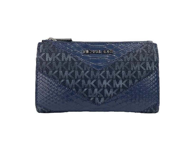 wallets for urban lifestyle-Michael Kors Jet Set Large Double Zip Python Navy Wristlet Women's Wallet