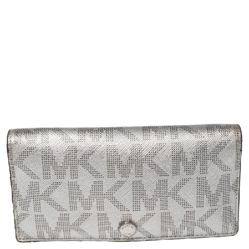 keychains for gift ideas-Michael Kors Metallic Silver Signature Coated Canvas Bifold Wallet