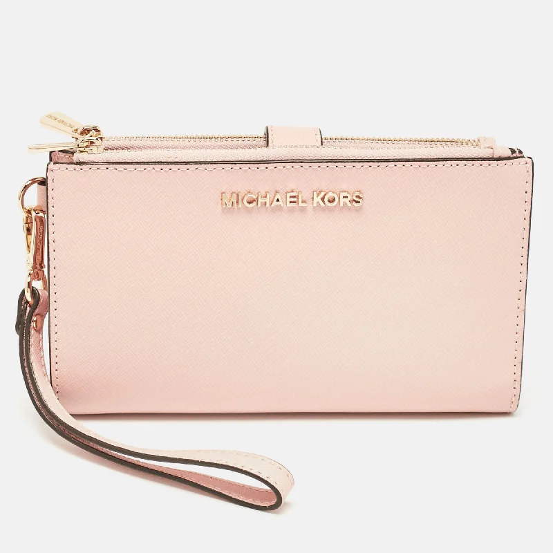 wallets for casual texture-Michael Kors Pink Leather Jet Set Travel Zip Wristlet Wallet