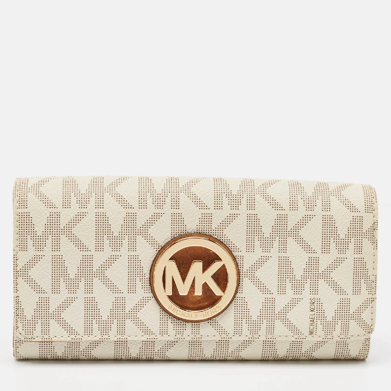 keychains for key collectors-Michael Kors White/brown Signature Coated Canvas And Leather Fulton Continental Wallet