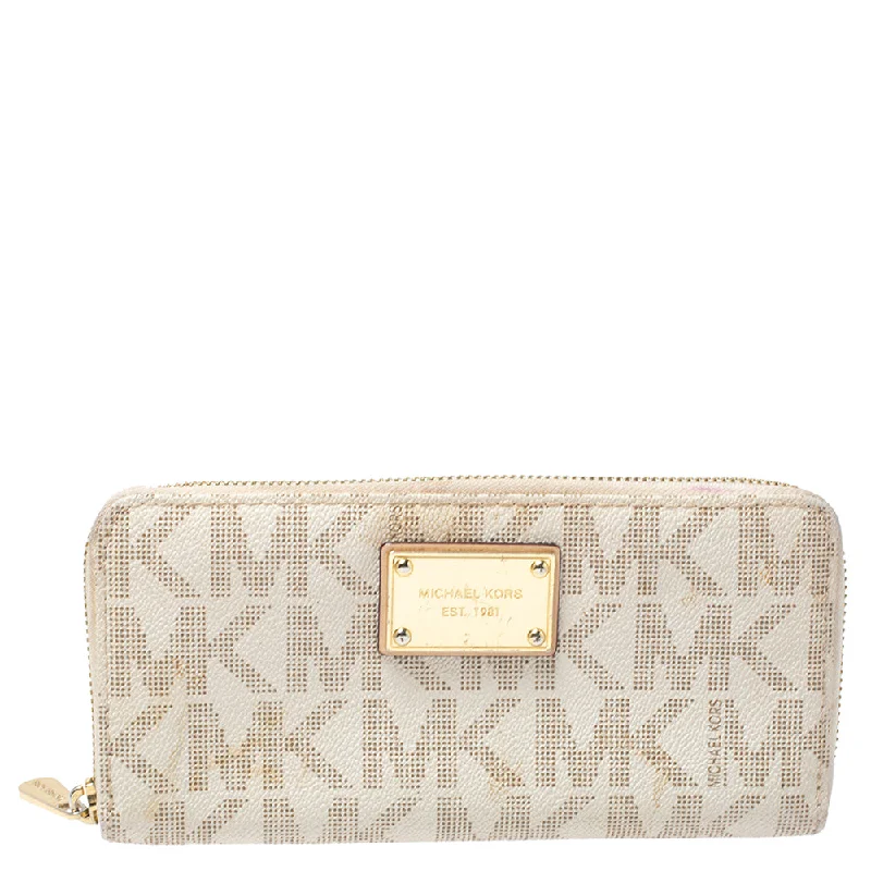 wallets with sturdy frame-Michael Kors White Monogram Coated Canvas Zip Around Wallet