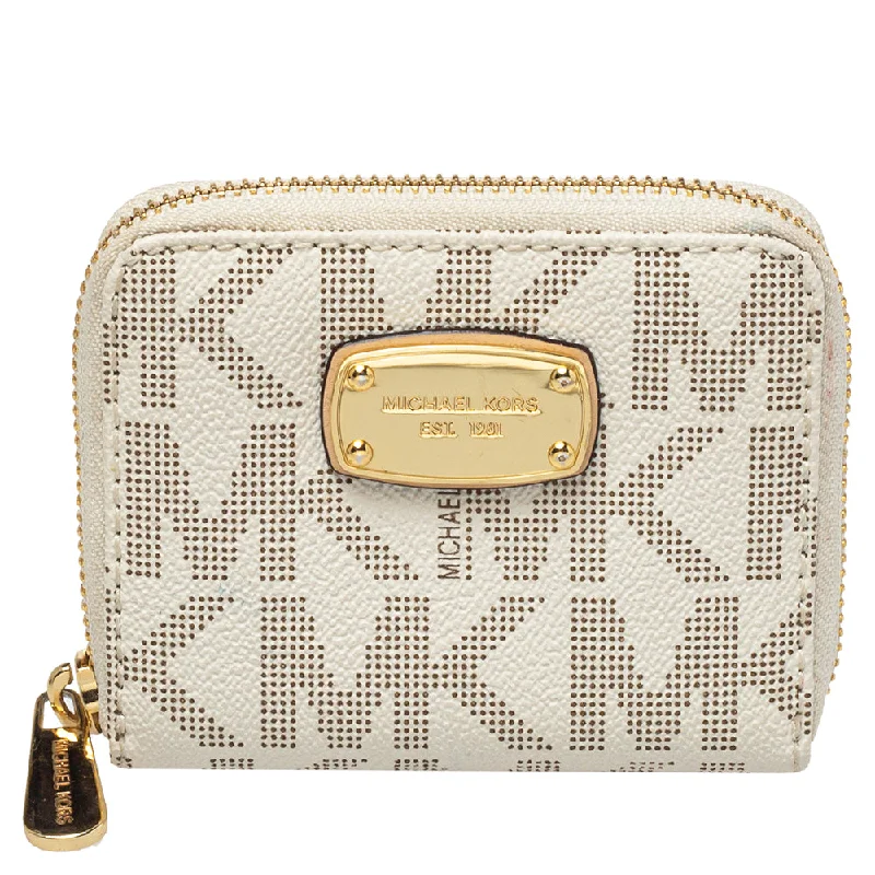 wallets with minimalist appeal-Michael Kors White Signature Coated Canvas Zip Around Compact Wallet