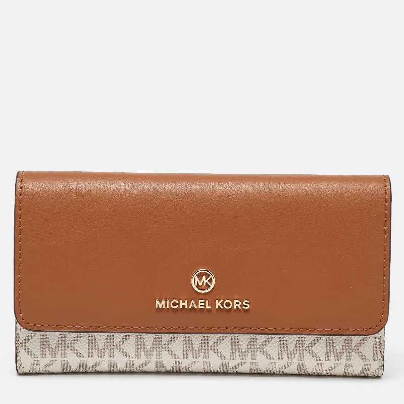 wallets with secure design-Michael Kors White/tan Coated Canvas And Leather Fulton Continental Wallet