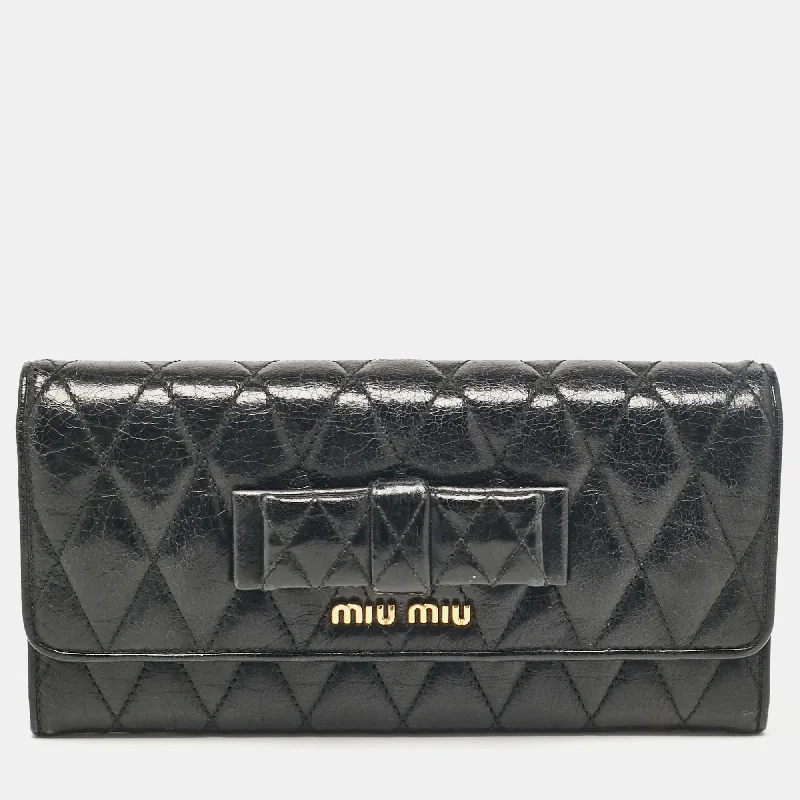 metal keychains for durability-Miu Miu Black Glossy Leather Bow Flap Continental Wallet