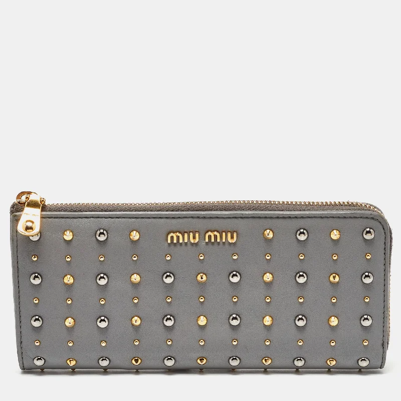 keychains with lanyard-Miu Miu Grey Leather Studded Zip Continental Wallet