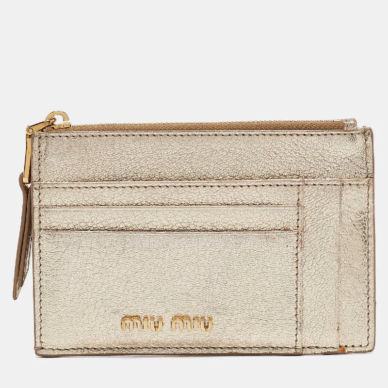 wallets for minimalist lifestyle-Miu Miu Metallic Gold Madras Leather Zip Card Holder