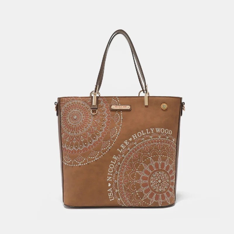 Tote Bag insulated-Nicole Lee USA Metallic Stitching Embroidery Inlaid Rhinestone Tote Bag