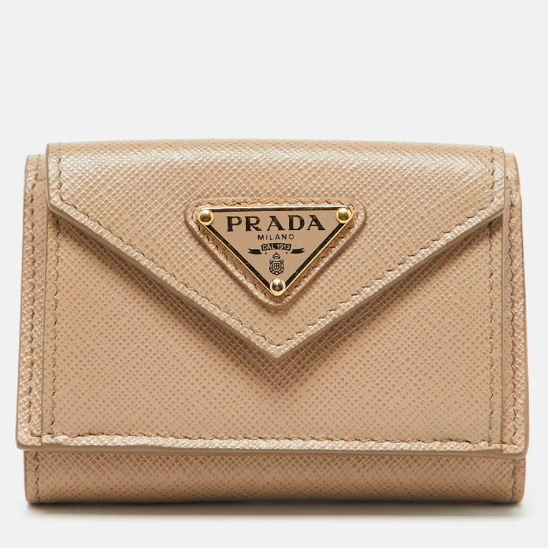 keychains with bold appeal-Prada Beige Saffiano Leather Trifold Case Wallet