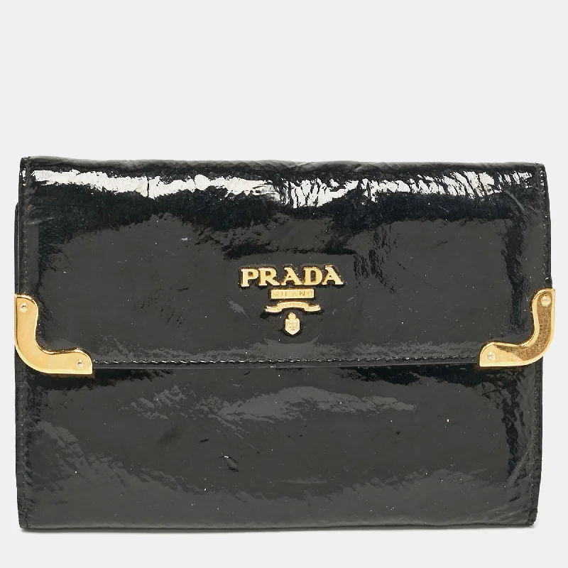 keychains for car keys-Prada Black Patent Leather Trifold Wallet