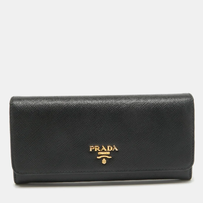 keychains with initials-Prada Black Saffiano Leather Flap Continental Wallet