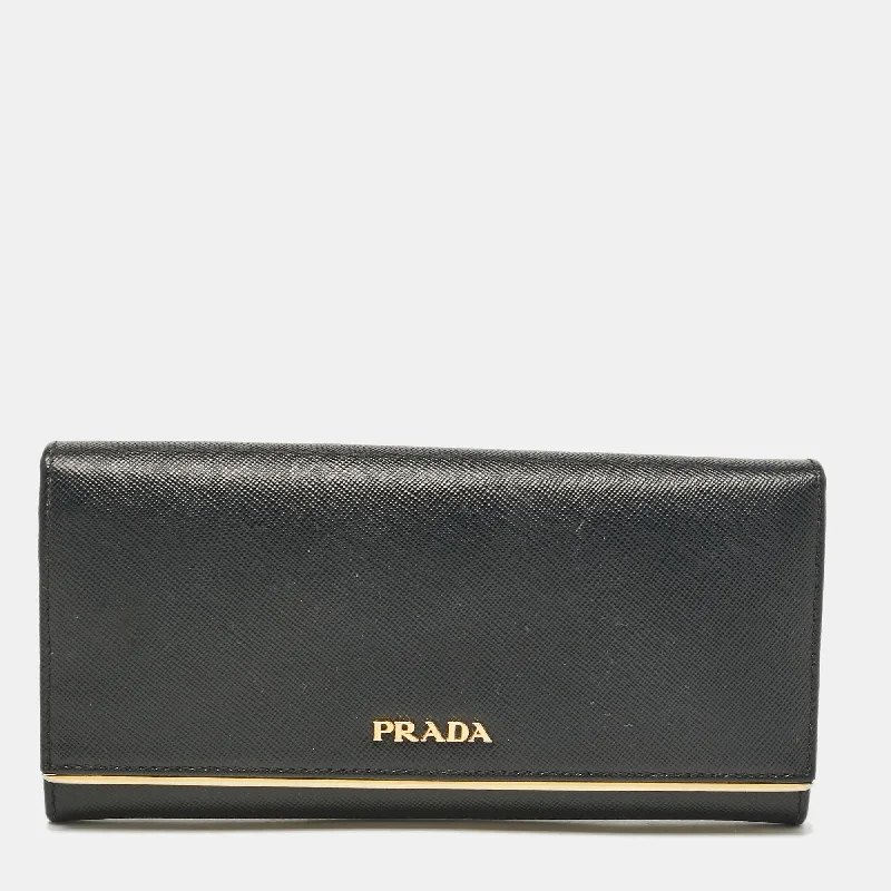 keychains with bold colors-Prada Black Saffiano Leather Metal Bar Continental Wallet