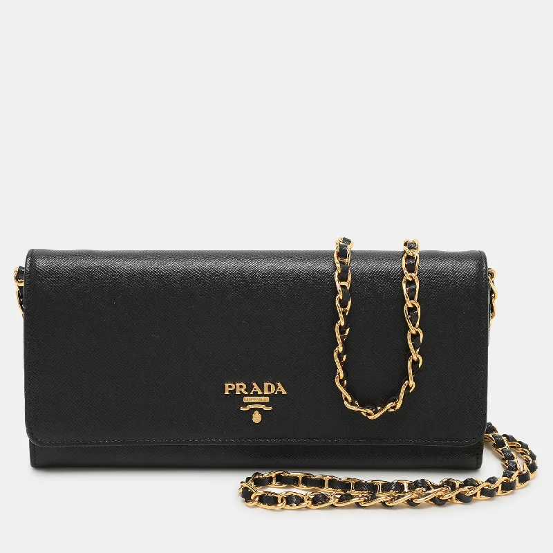 keychains for stylish women-Prada Black Saffiano Lux Leather Oro Chain Wallet On Chain