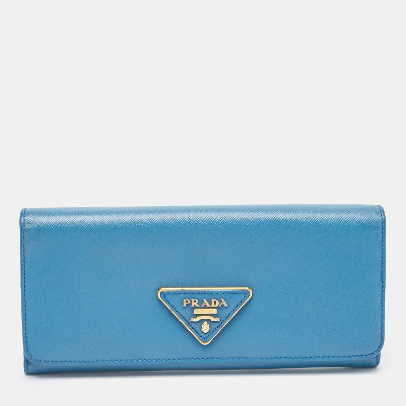 keychains with stylish appeal-Prada Blue Saffiano Leather Flap Continental Wallet