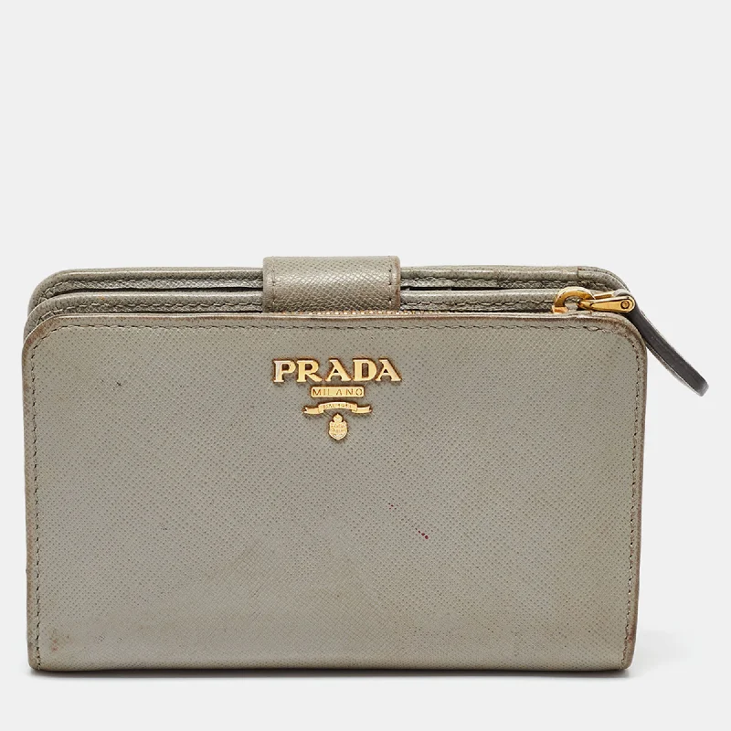 keychains with photo holder-Prada Grey Saffiano Leather Flap French Wallet