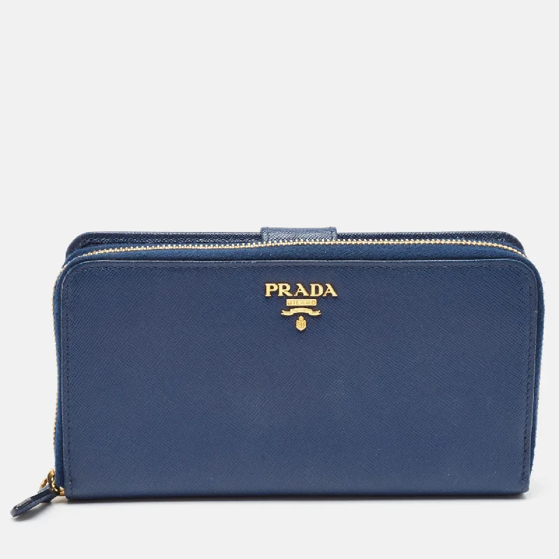 wallets with slim profile-Prada Navy Blue Saffino Lux Leather French Continental Wallet