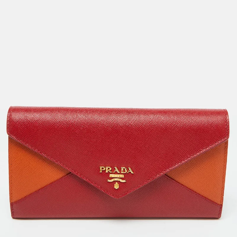 engraved keychains for him-Prada Red/orange Saffiano Leather Envelope Flap Continental Wallet