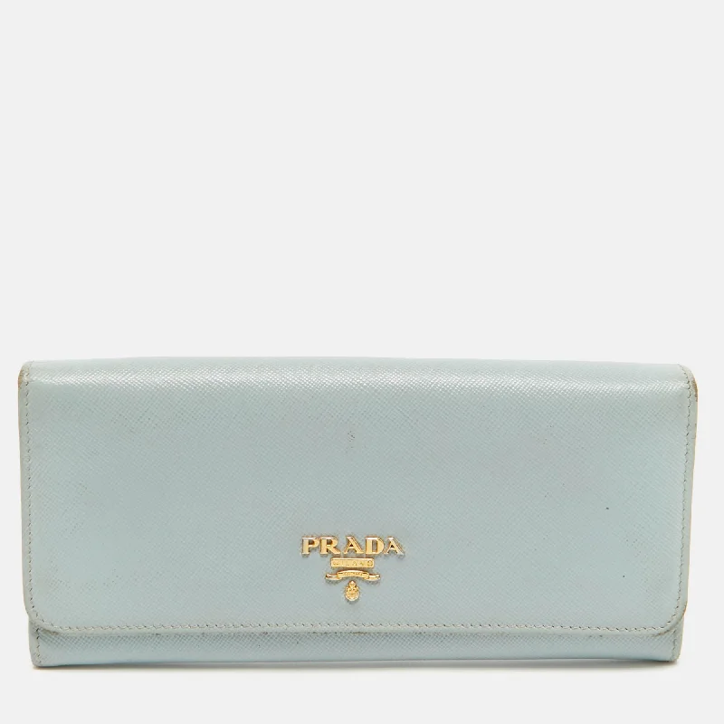 wallets with minimalist texture-Prada Sky Blue Saffiano Leather Flap Continental Wallet