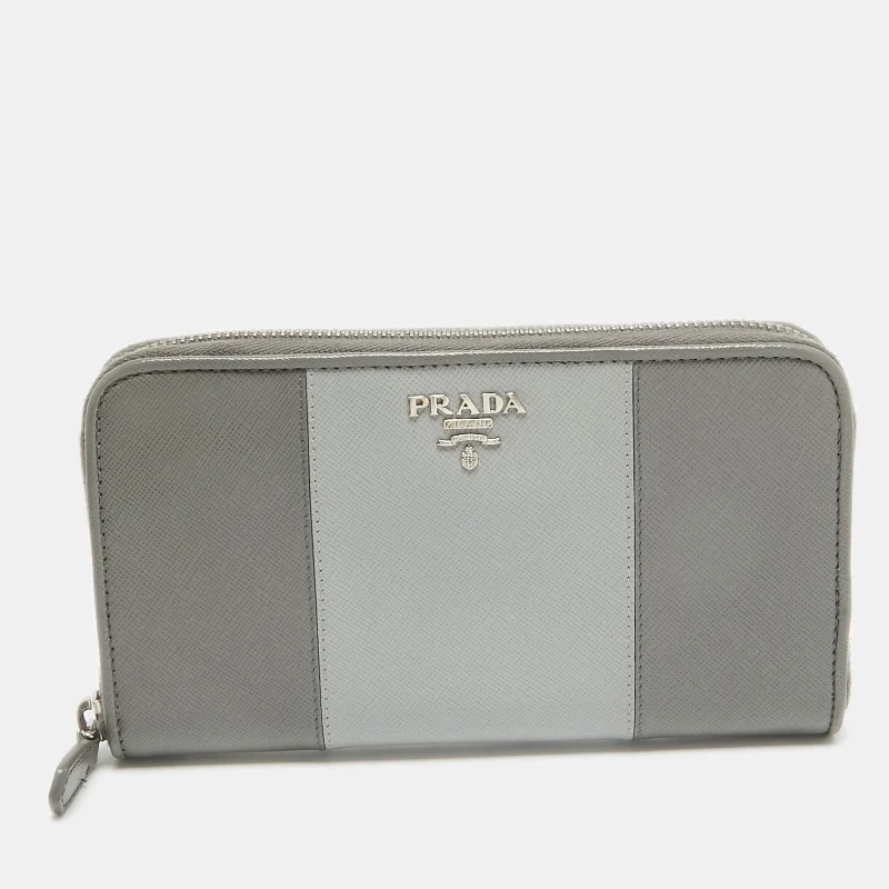 wallets with leather lining-Prada Two Tone Grey Saffiano Leather Zip Around Wallet