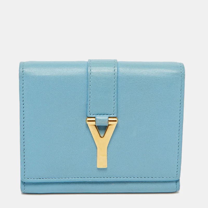 wallets with minimalist texture-Saint Laurent Blue Leather Chyc Compact Wallet