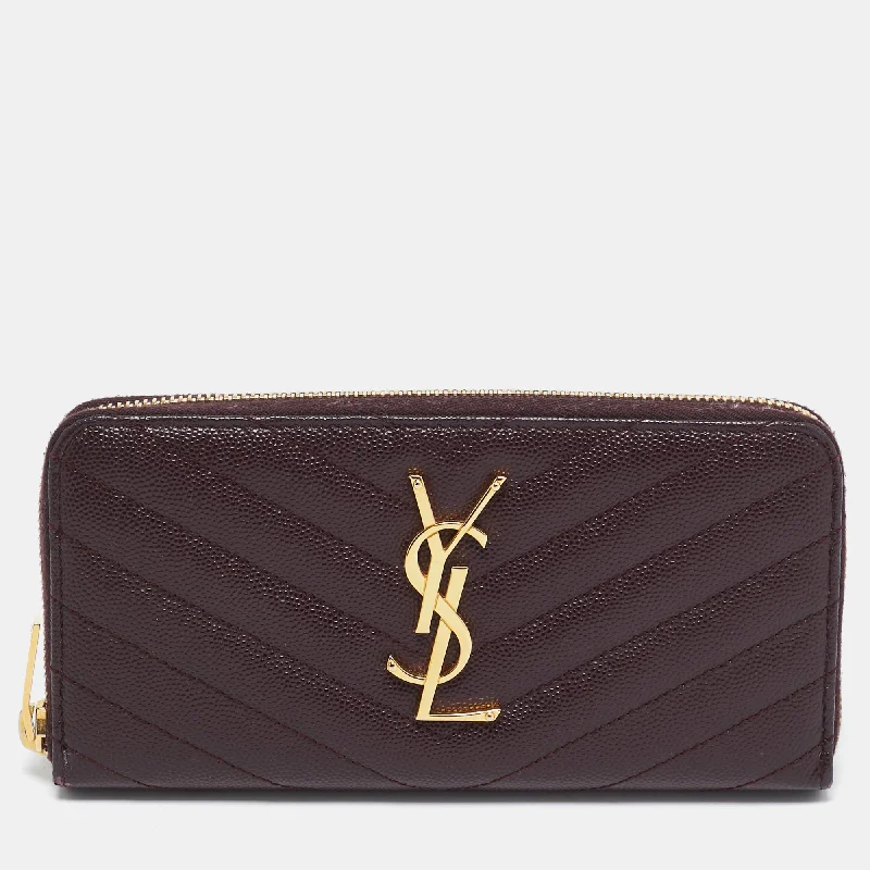 wallets with compact look-Saint Laurent Burgundy Matelassé Leather Cassandre Zip Continental Wallet