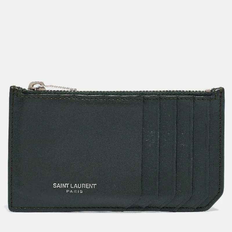 keychains with stylish finish-Saint Laurent Dark Green Leather Fragment Zip Card Holder