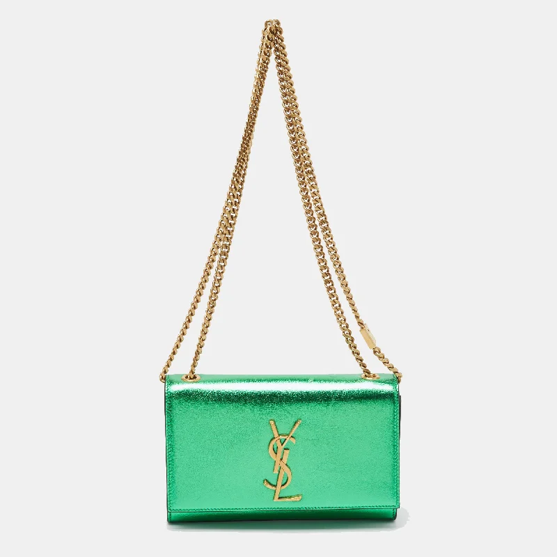 wallets for casual finish-Saint Laurent Green Patent Leather New Small Kate Wallet On Chain