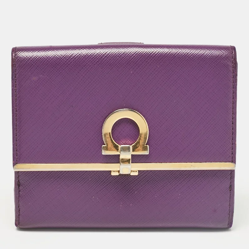 wallets for stylish men-Salvatore Ferragamo Purple Leather Gancio Clasp French Wallet