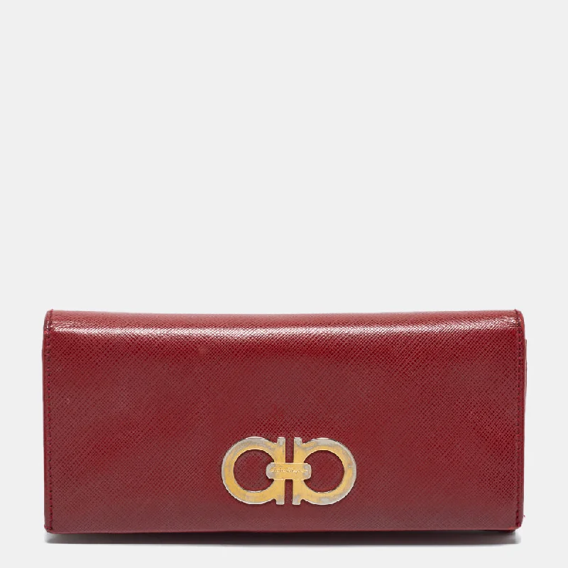 wallets for compact carry-Salvatore Ferragamo Red Leather Double Gancio Continental Wallet