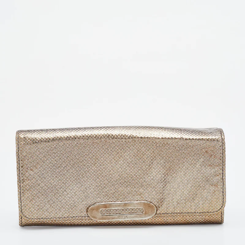 keychains with bold texture-Tod's Metallic Gold Textured Leather Continental Wallet