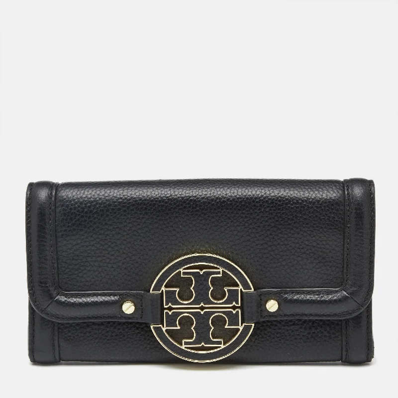 keychains with stylish style-Tory Burch Black Leather Amanda Flap Continental Wallet