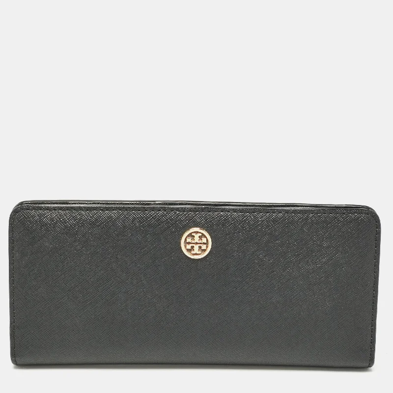 keychains with custom finish-Tory Burch Black Leather Robinson Bifold Long Wallet