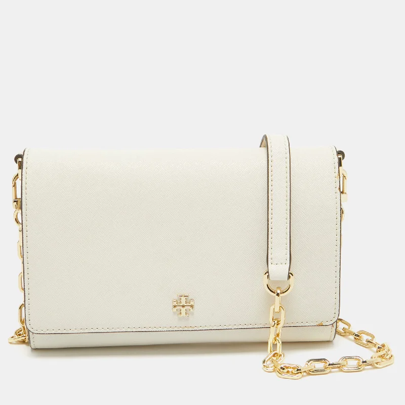 keychains for gift giving-Tory Burch White Leather Emerson Wallet On Chain