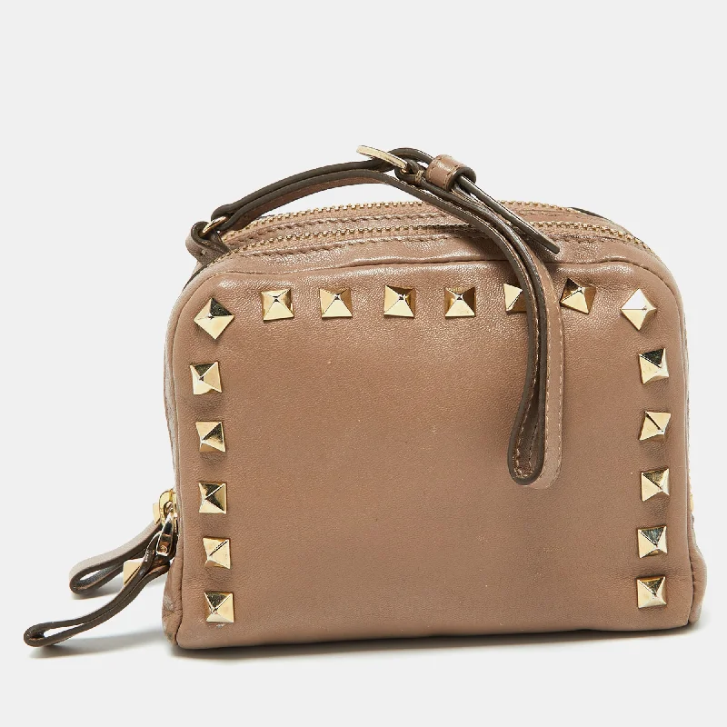 keychains with stylish texture-Valentino Beige Leather Rockstud Double Pouch Wallet