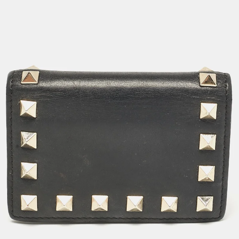 wallets for small appeal-Valentino Black Leather Rockstud Card Case