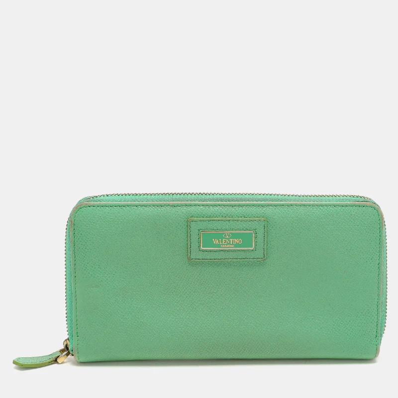 keychains with sleek appeal-Valentino Green Leather Zip Around Wallet