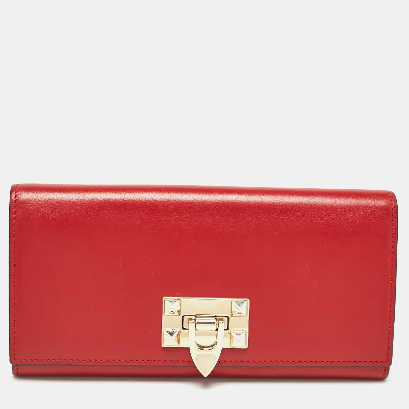 wallets for teens-Valentino Red Leather Rockstud Continental Wallet