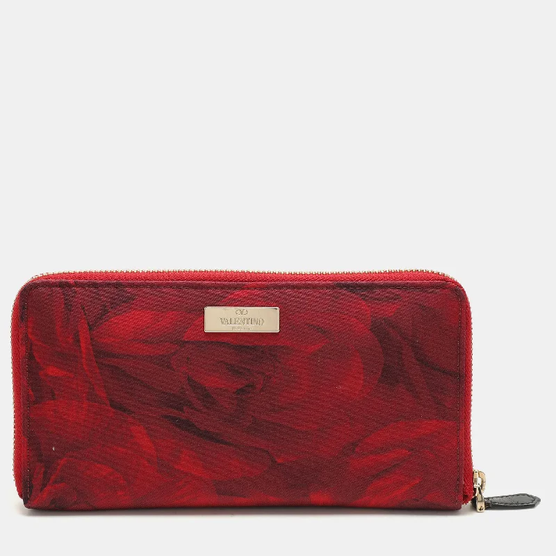 keychains for travel finish-Valentino Red Printed Nylon Continental Zip Around Wallet