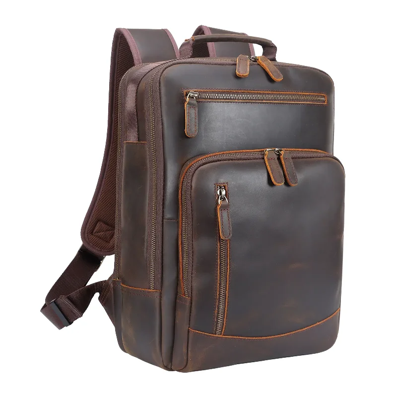 Backpacks with flexible straps-Vintage Leather Travel 15.6 Inches Laptop Backpack - Dark Brown