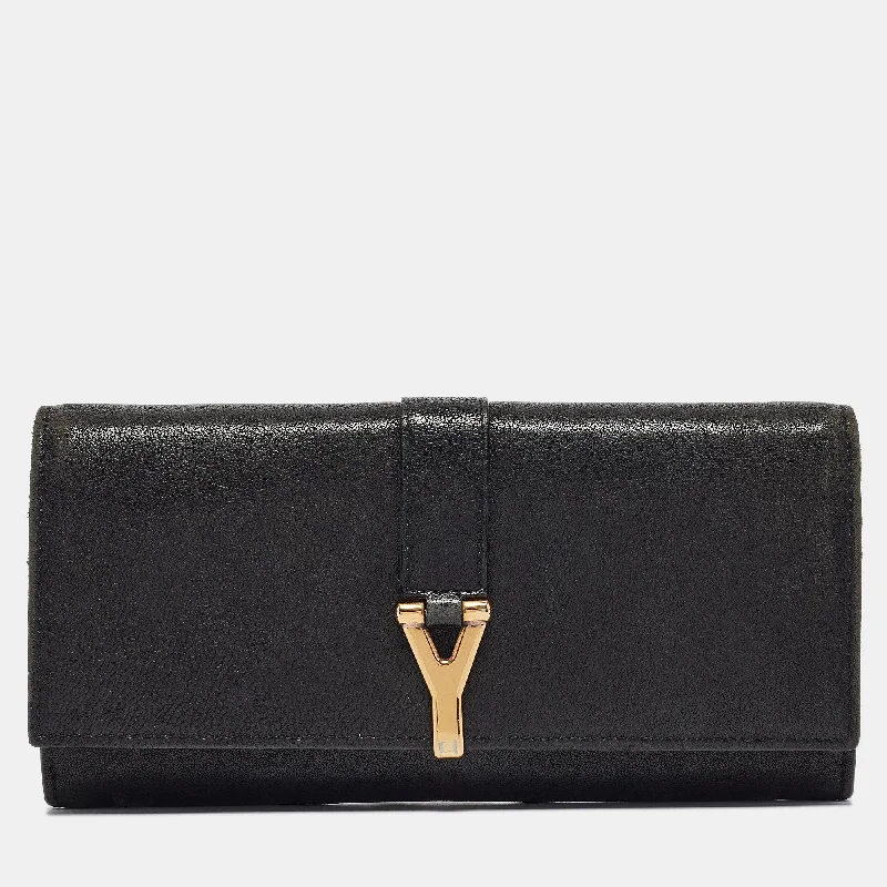 wallets for daily texture-Yves Saint Laurent Black Leather Y Line Continental Wallet