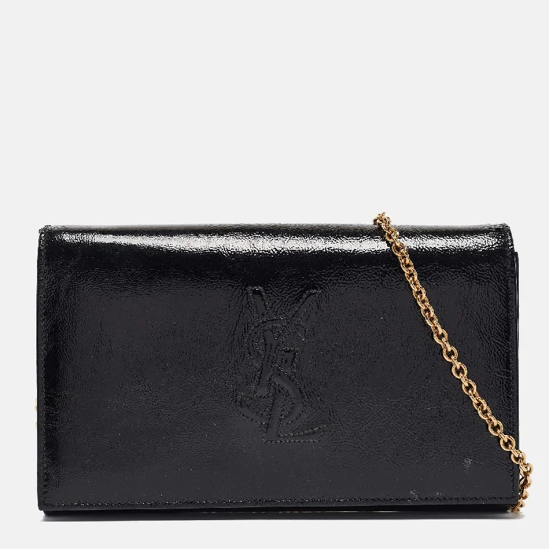 keychains for key storage-Yves Saint Laurent Black Patent Leather Belle De Jour Wallet On Chain